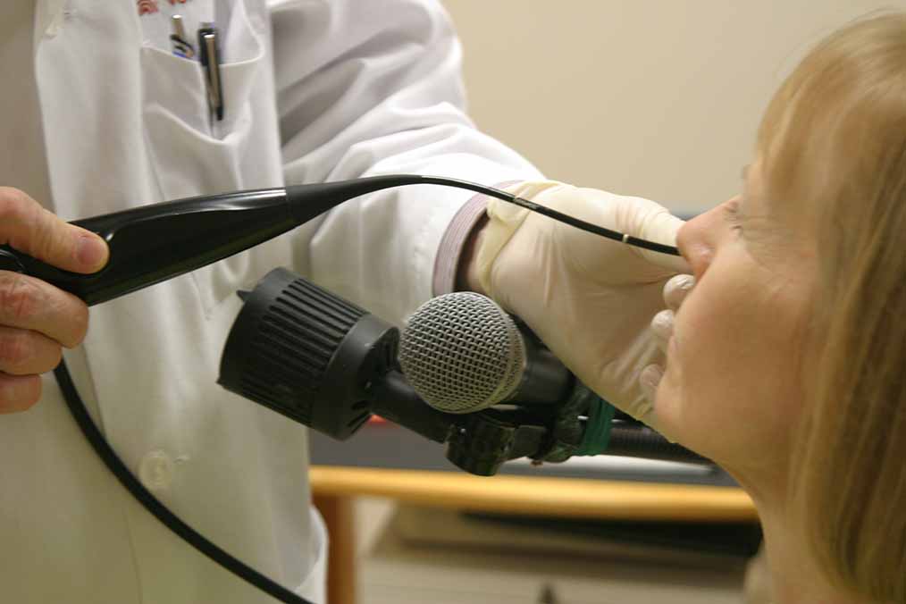 Nasolaryngoscope in use for a Videoendoscopic swallowing study (VESS)